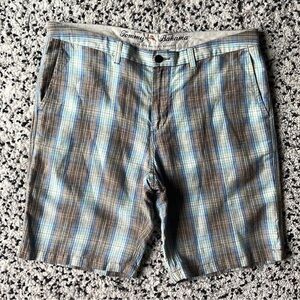 Tommy Bahama Linen Blend Plaid Shorts Brown Blue Men’s Size 36